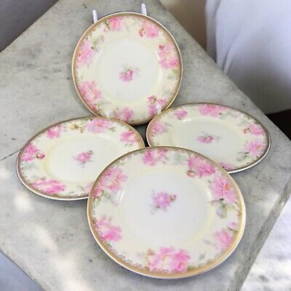 Antique Silesia Porcelain Ceramic Round Dish Plate Hand Painted Floral Gold Set4
